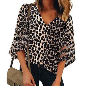 V Neck Mesh Panel Blouse 3/4 Bell Sleeve Med